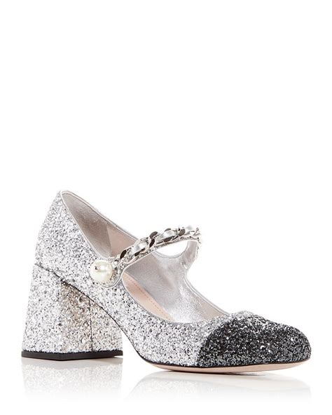 Miu Miu Women's Glitter Block Heel Mary Jane Pumps